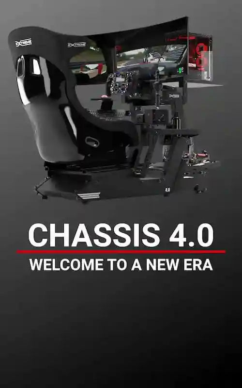 CHASSIS 4.0 Extreme Simracing Chassis 4.0 – Premium Sim Racing Cockpit featuring reinforced structure, modular design, and full compatibility with major brands like Logitech, Thrustmaster, and Simagic.