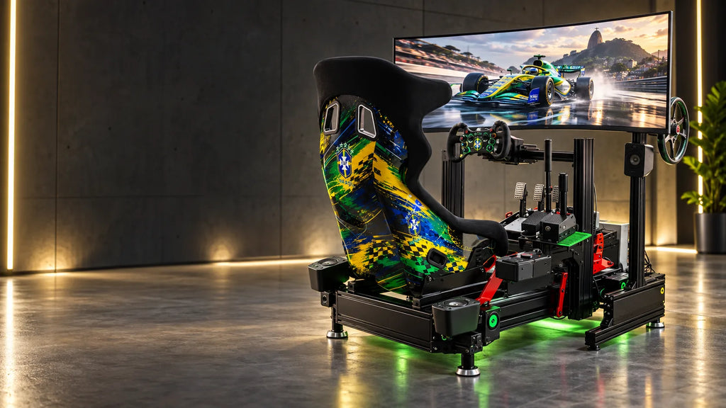 Racing simulator with a Brazil-themed seat, ultrawide monitor, steering wheel and pedals
