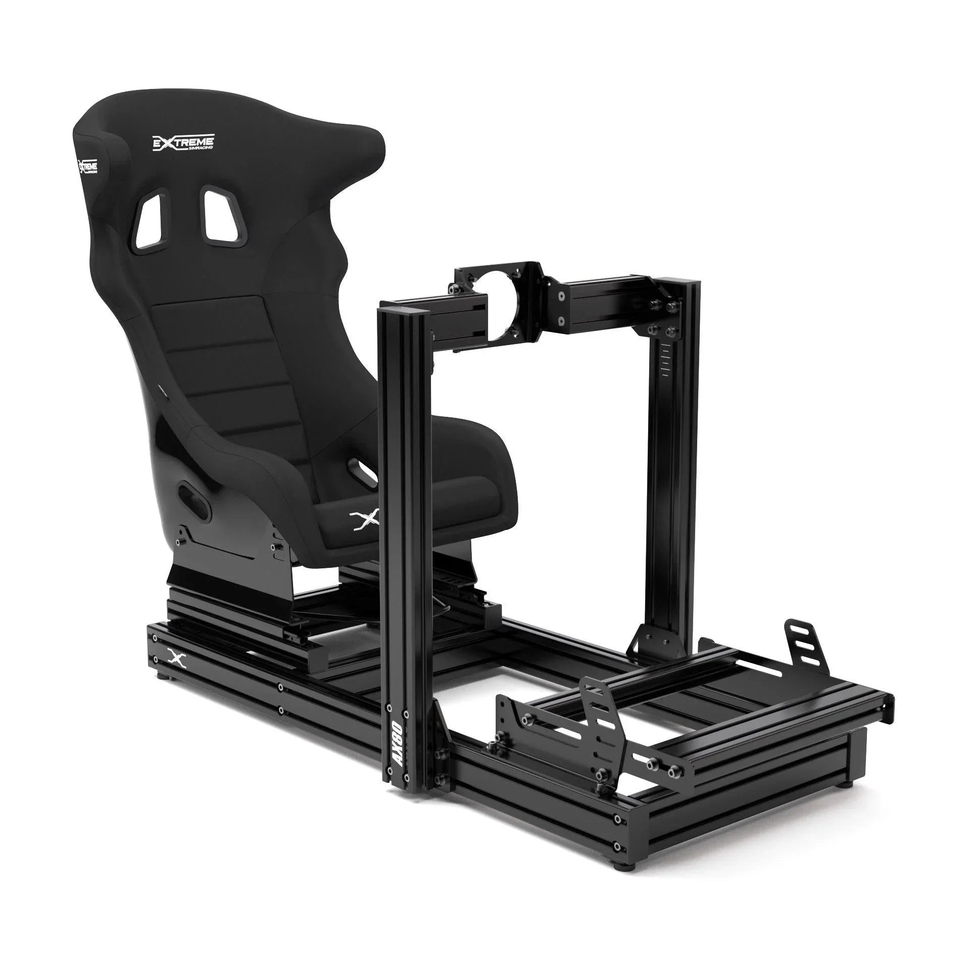 Extreme Simracing AX80 aluminum profile sim racing cockpit shown from the front three-quarter view