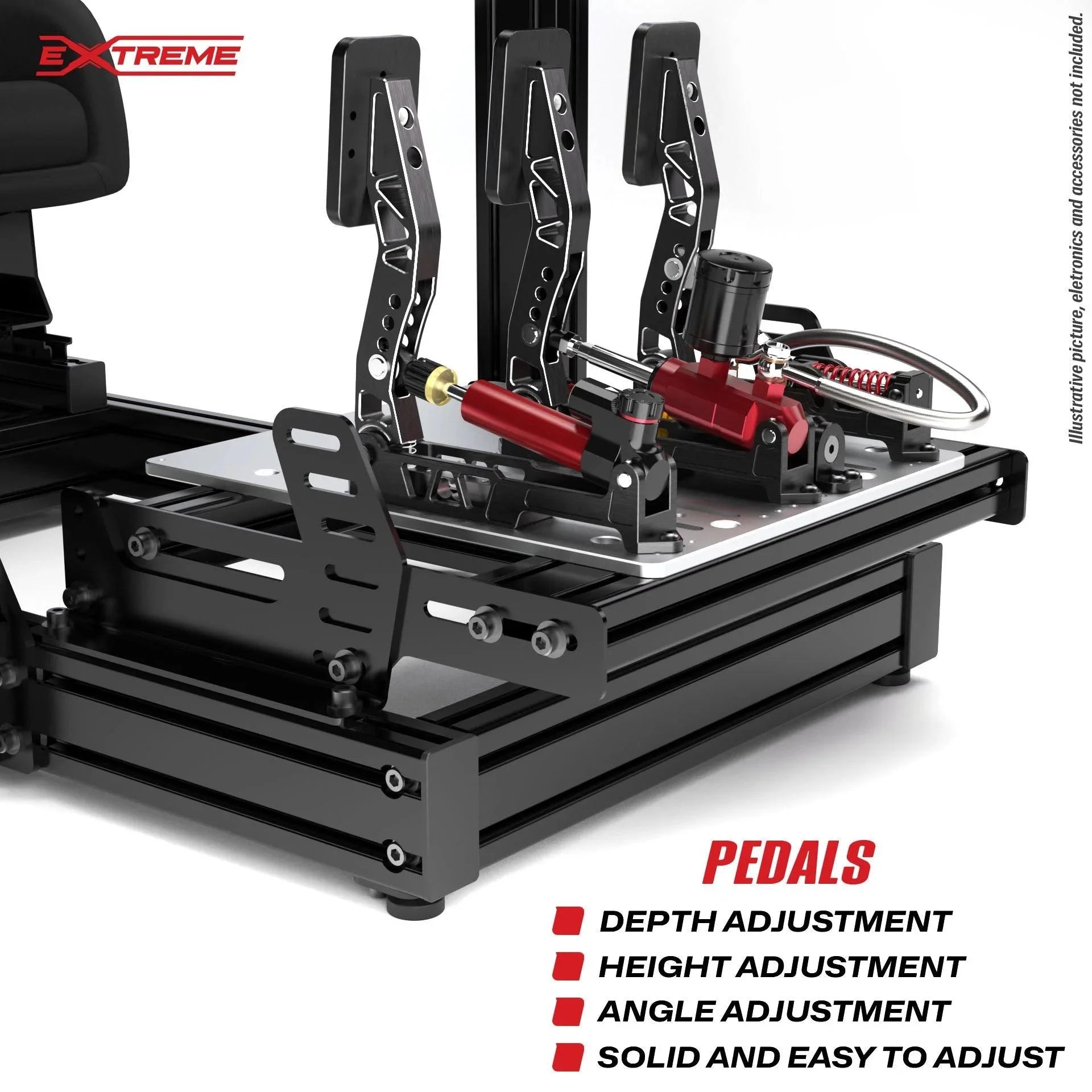 AX80 aluminum sim racing cockpit with an adjustable reinforced pedal platform supporting over 200 kg
