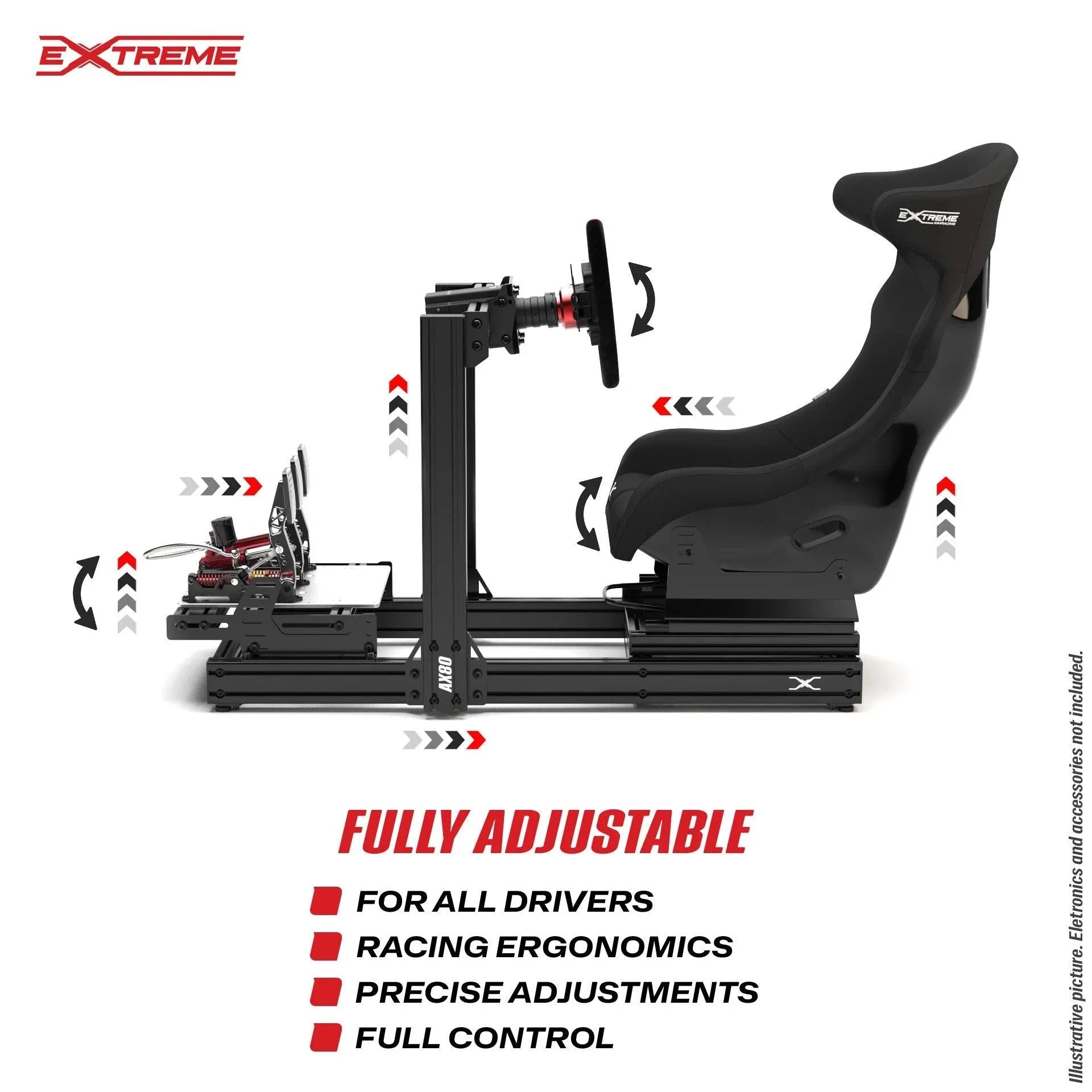 Adjustable seat mounting profiles on the Extreme Simracing AX80 aluminum cockpit