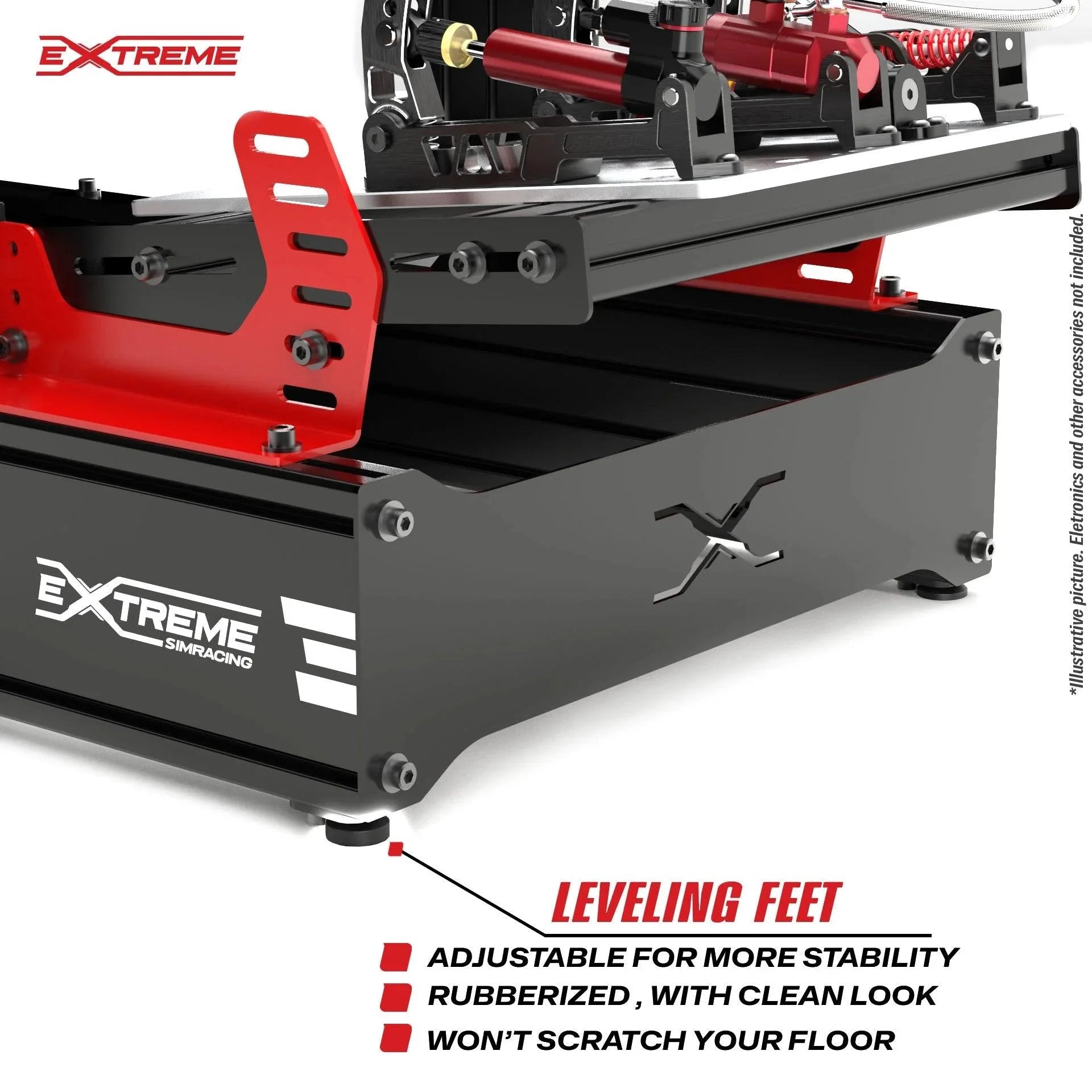 AX160 aluminum sim racing chassis with adjustable floor-protecting leveling feet