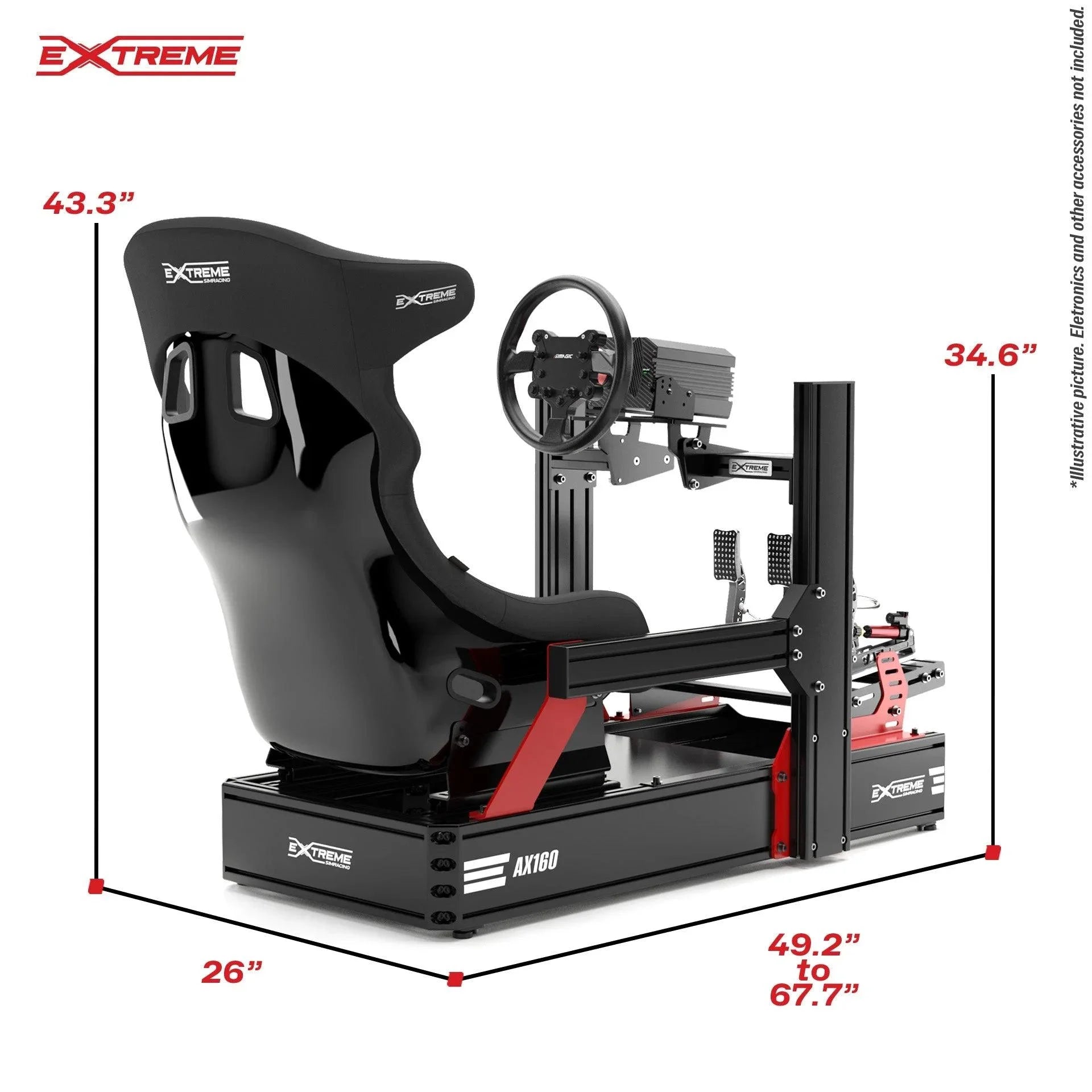 AX160 sim racing cockpit dimensions with racing seat and wheelbase installed