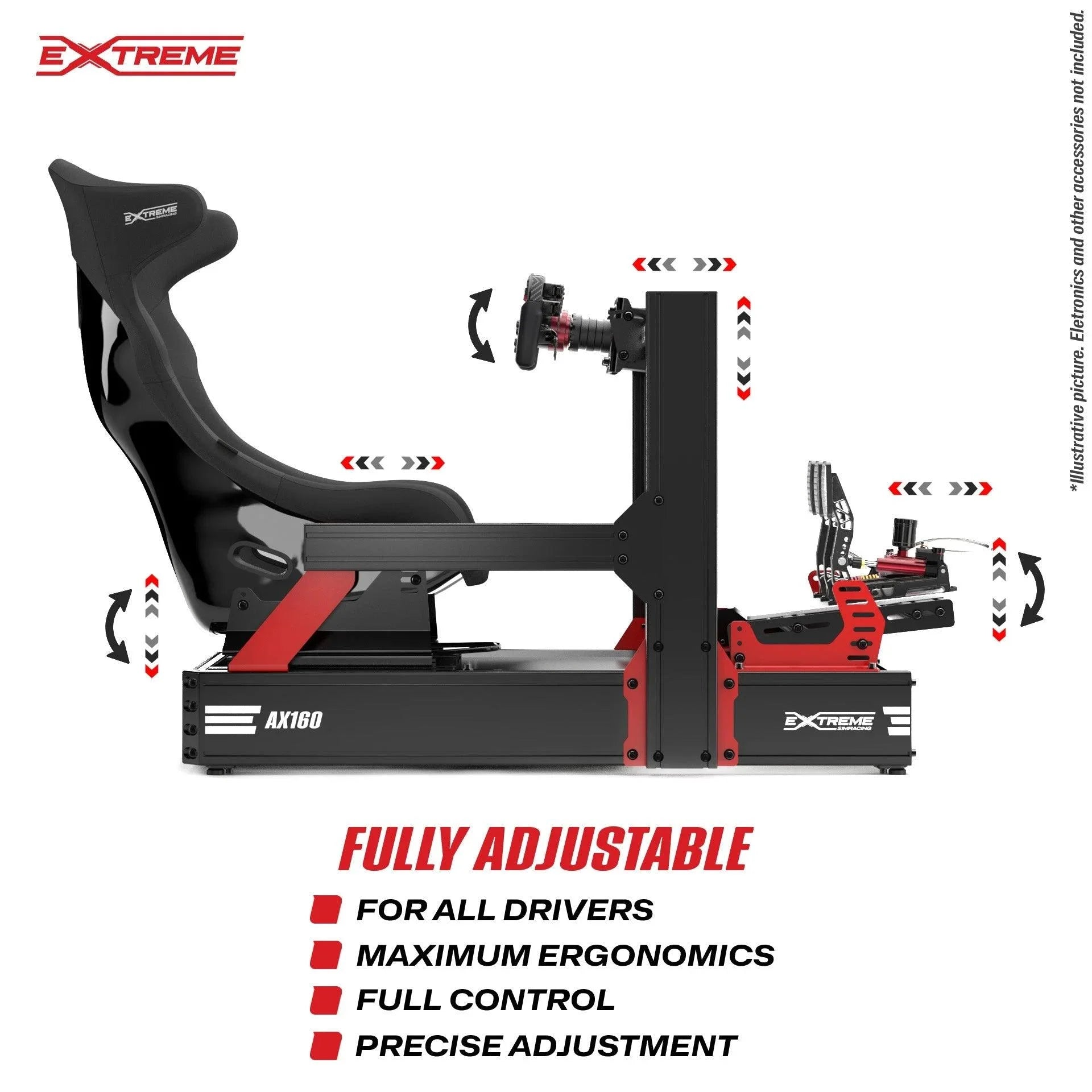 AX160 fully adjustable sim racing cockpit with adjustable seat wheel and pedals