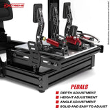 AX80 aluminum sim racing cockpit with an adjustable reinforced pedal platform supporting over 200 kg