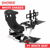 White Chassis 3.0 configured with white P1 racing seat and monitor stand