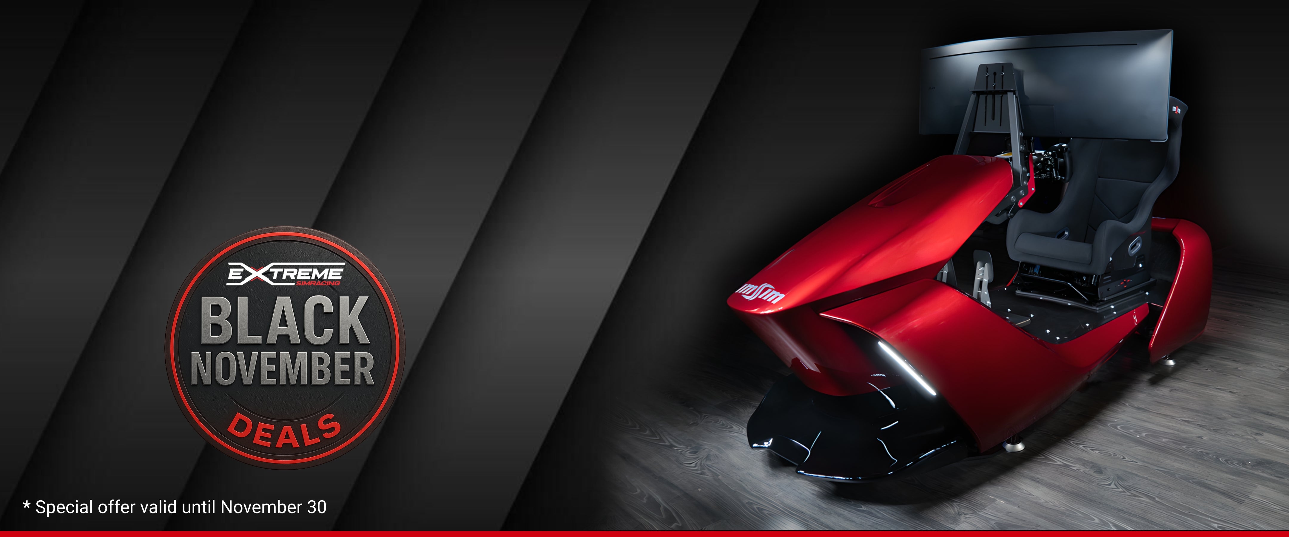 Extreme Simracing Turnkey Garra full racing simulator in red with triple screen setup, featured in Black November 2025 promotion offering $13,000 off. Special offer valid until November 30.