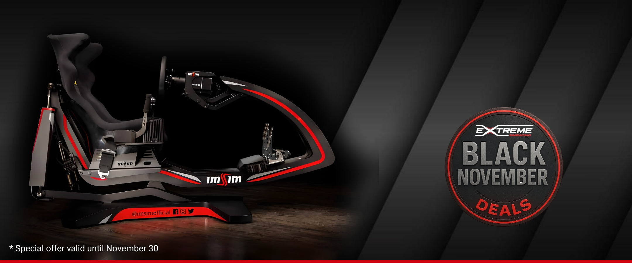 Extreme Simracing Turnkey Alma motion racing simulator in black and red design, featured in Black November 2025 promotion offering $10,000 off. Special offer valid until November 30.
