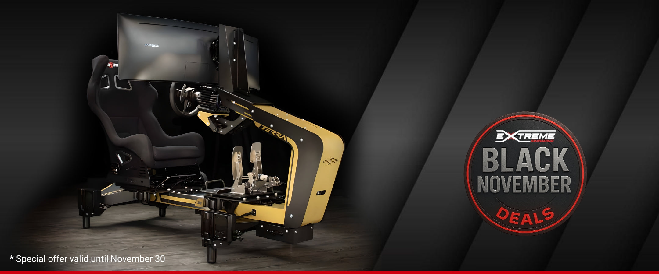 Extreme Simracing Turnkey Terra motion racing simulator in gold with full setup, part of the Black November 2025 deals. Special offer valid until November 30.