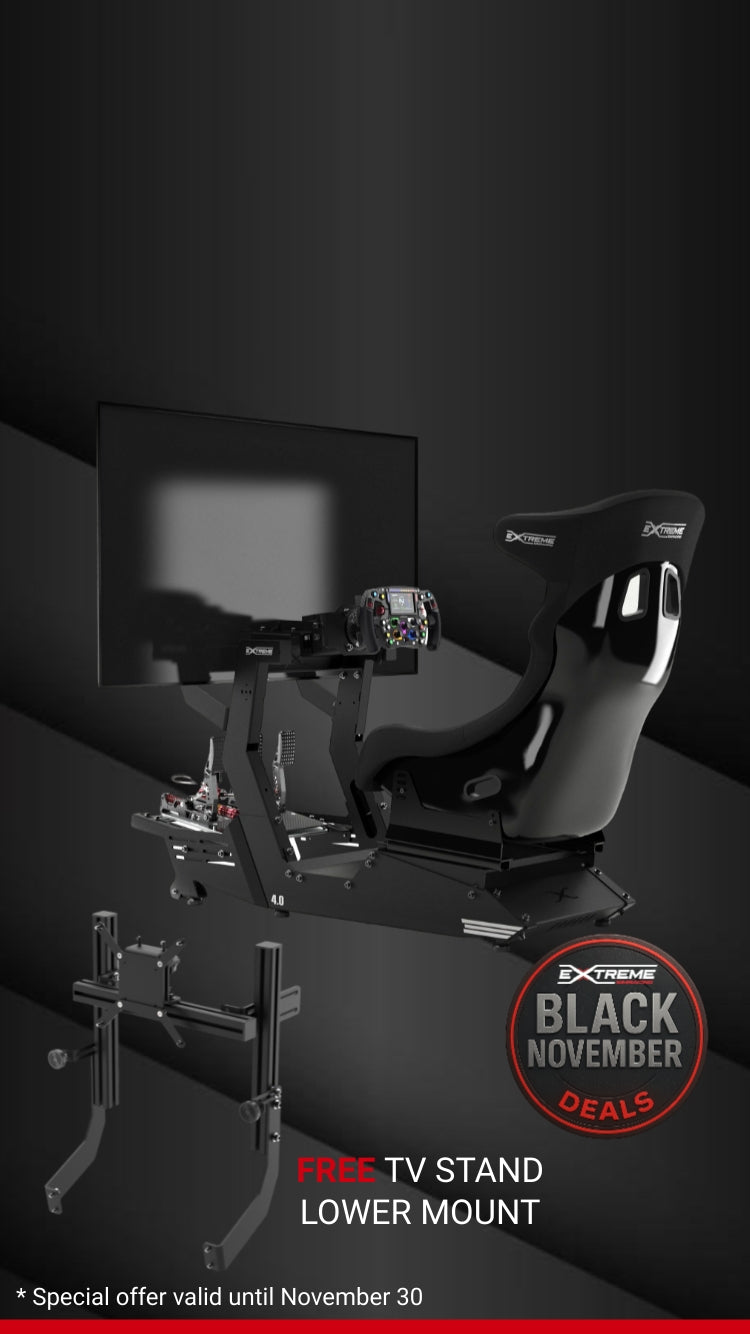 Extreme Simracing Chassis 4.0 racing simulator setup with screen and wheel, featuring Black November 2025 promotion offering a free lower mount TV stand. Special offer valid until November 30.