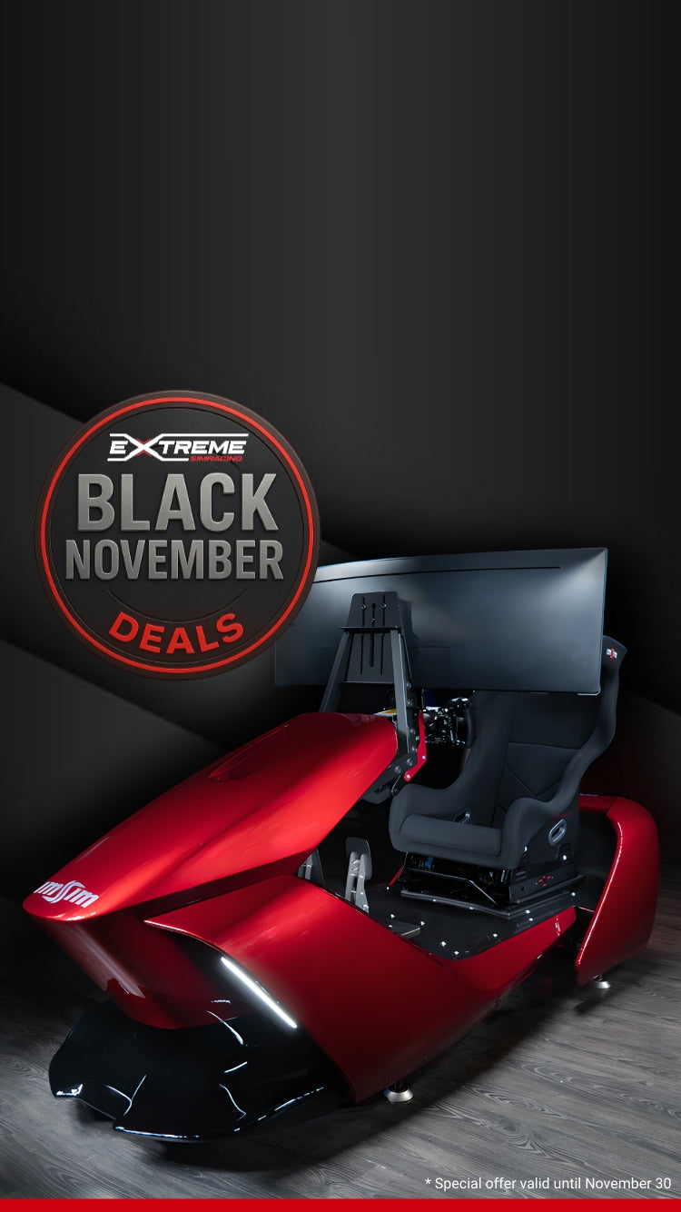 Extreme Simracing Turnkey Garra full racing simulator in red with triple screen setup, featured in Black November 2025 promotion offering $13,000 off. Special offer valid until November 30.