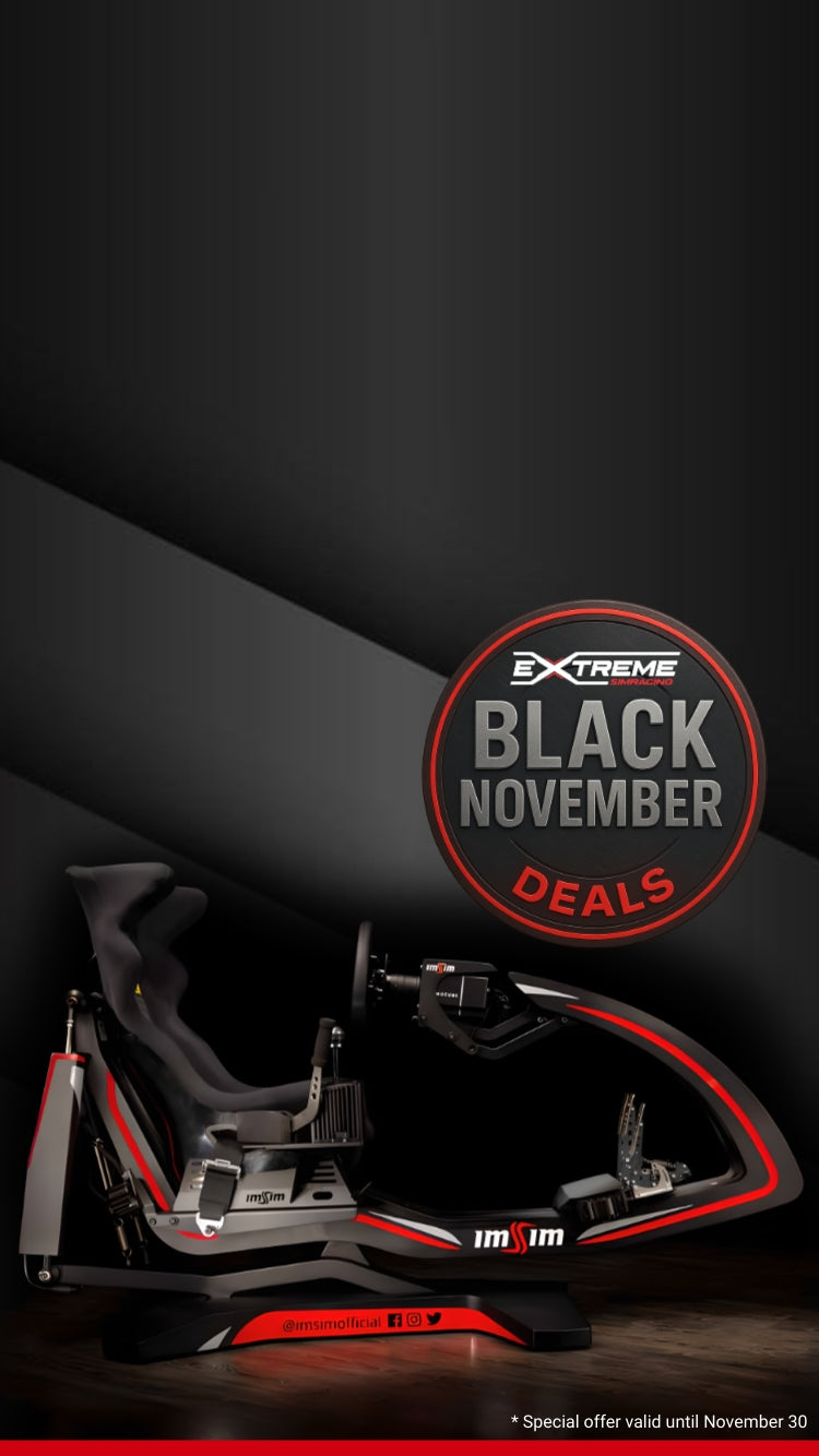 Extreme Simracing Turnkey Alma motion racing simulator in black and red design, featured in Black November 2025 promotion offering $10,000 off. Special offer valid until November 30.