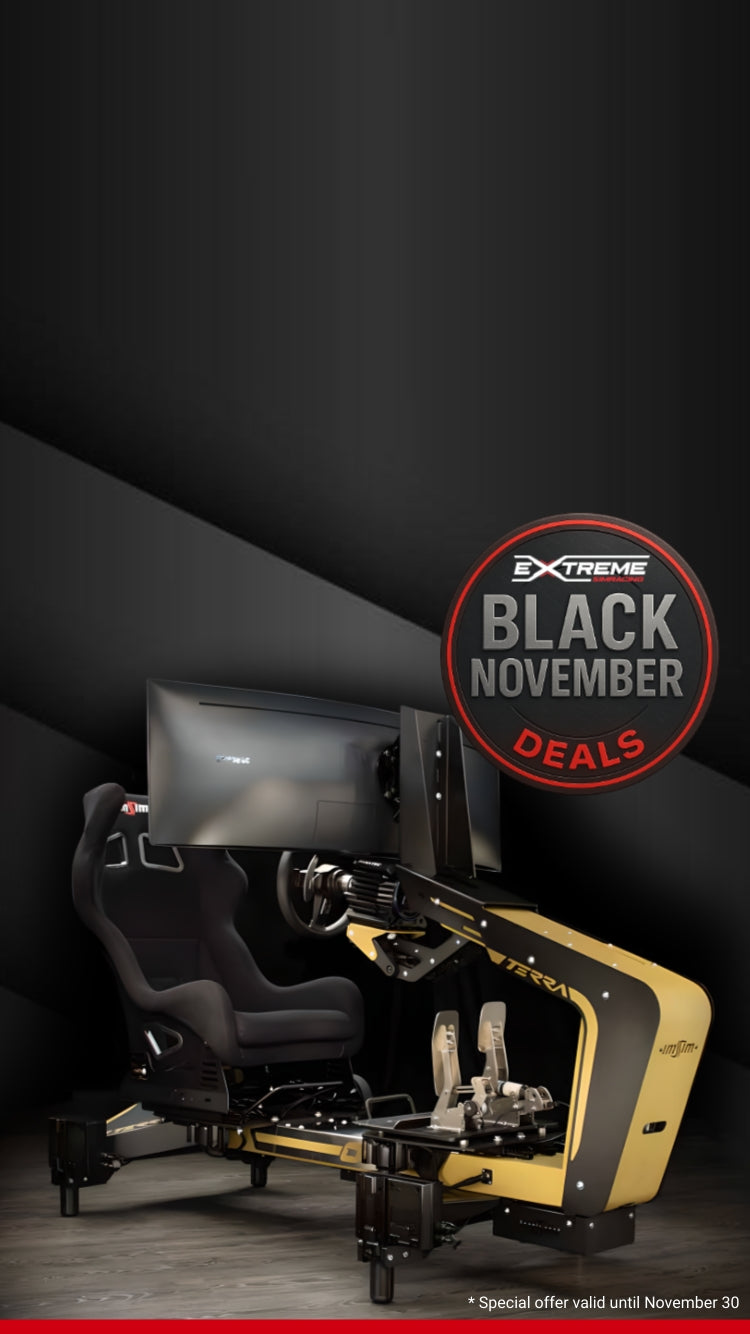 Extreme Simracing Turnkey Terra motion racing simulator in gold with full setup, part of the Black November 2025 deals. Special offer valid until November 30.