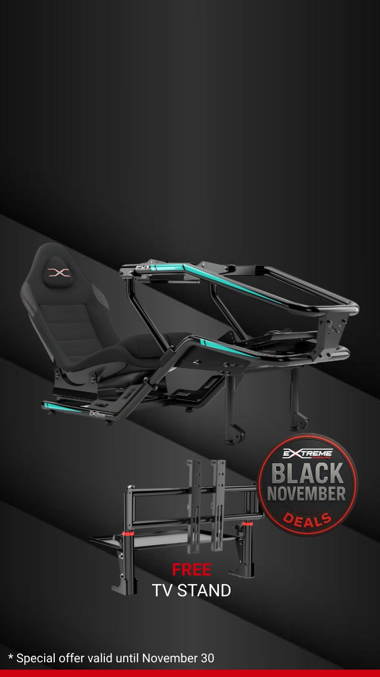 Extreme Simracing FX1 racing cockpit and free TV stand promotion for Black November 2025. Special offer valid until November 30.