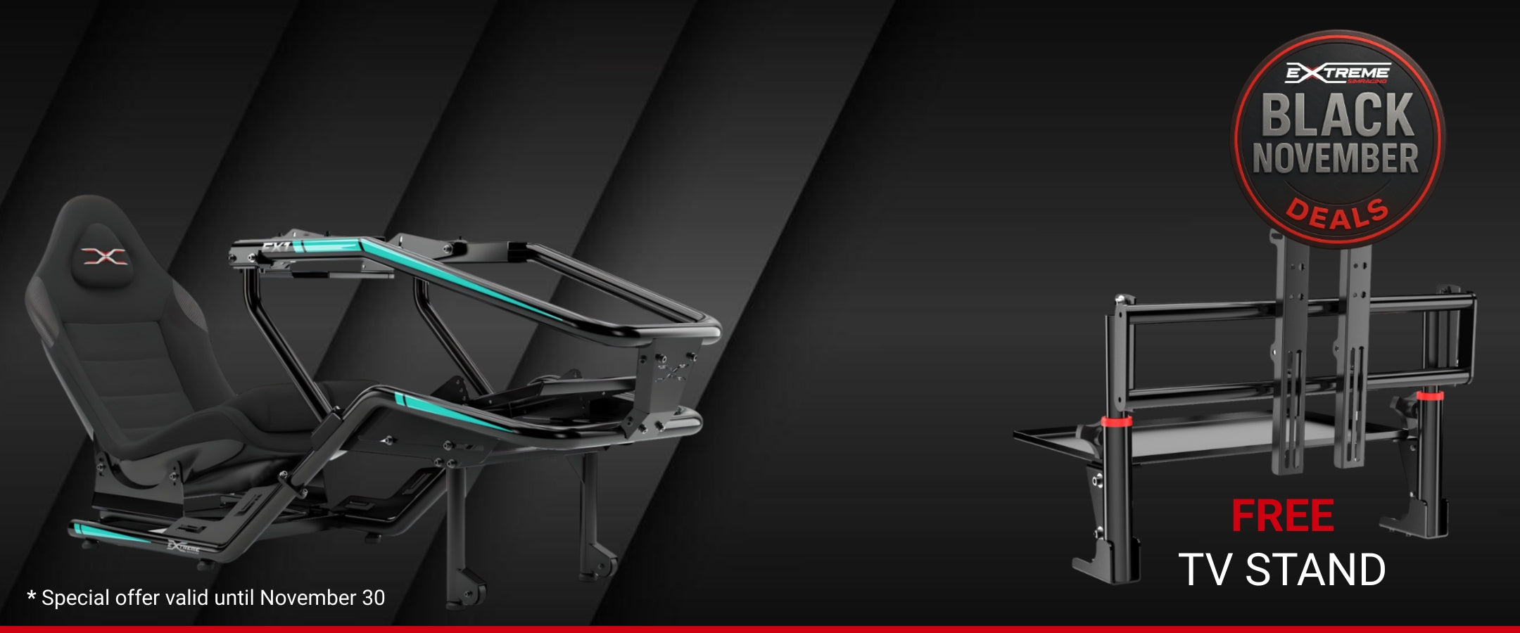Extreme Simracing FX1 racing cockpit and free TV stand promotion for Black November 2025. Special offer valid until November 30.