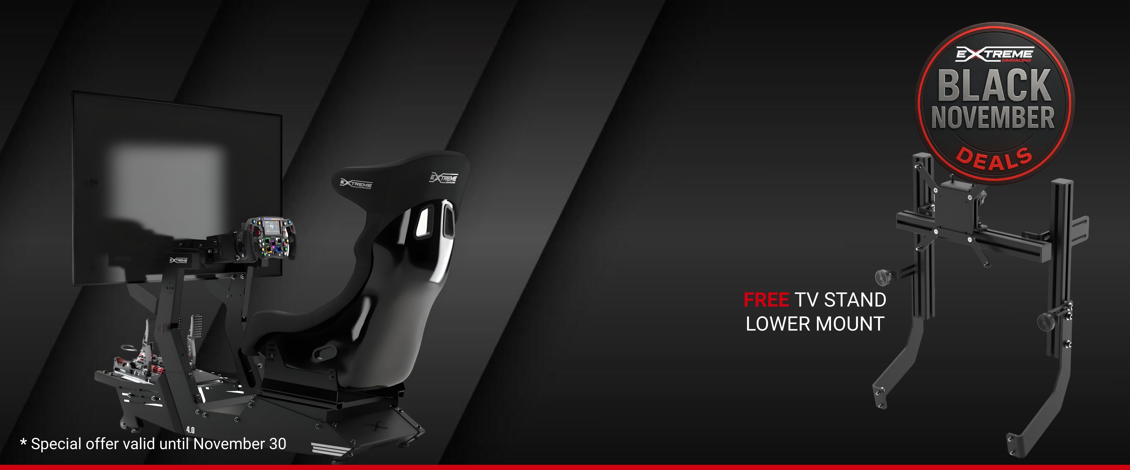 Extreme Simracing Chassis 4.0 racing simulator setup with screen and wheel, featuring Black November 2025 promotion offering a free lower mount TV stand. Special offer valid until November 30.