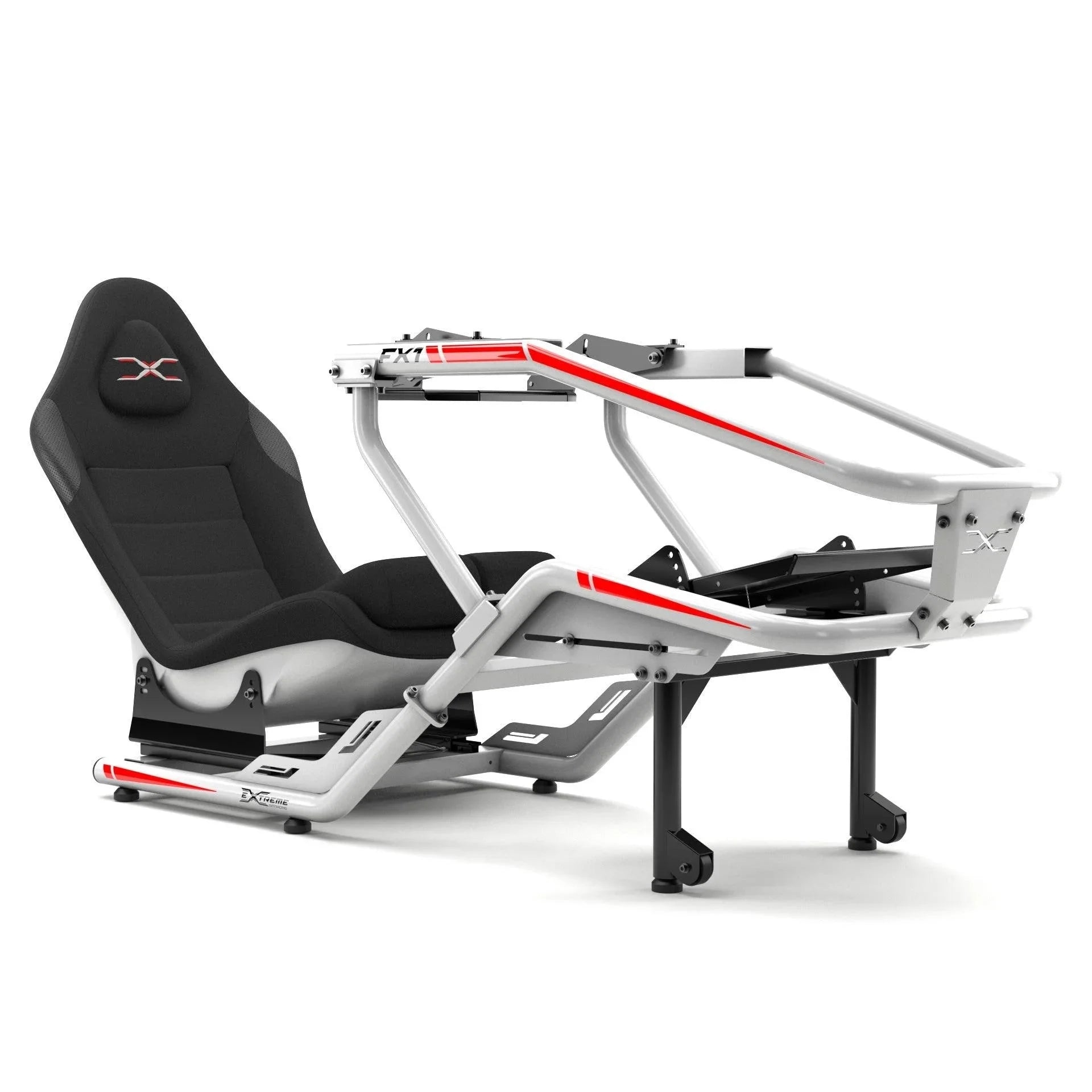 FX1 Formula sim racing cockpit in white with red details, front side view