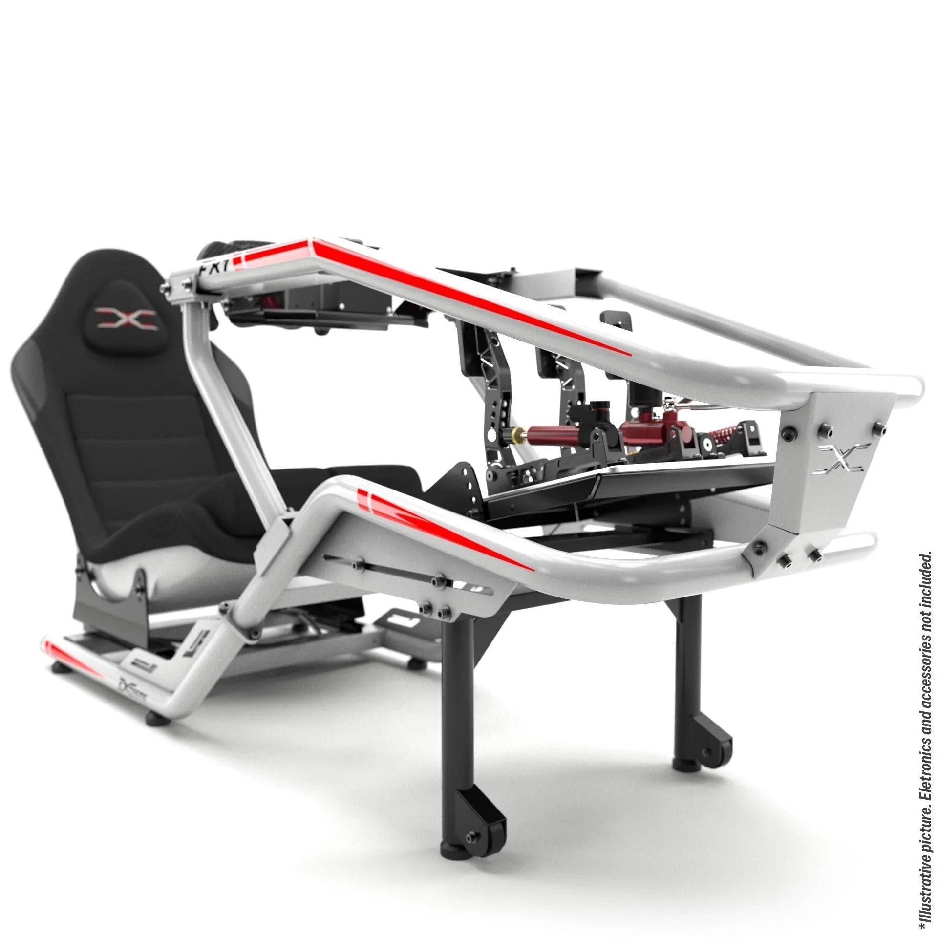 FX1 Formula cockpit in white and red with wheel base and pedal setup