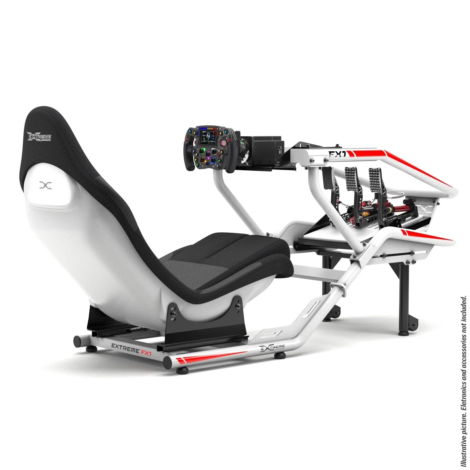 FX1 Formula sim racing cockpit in white with red details, front view
