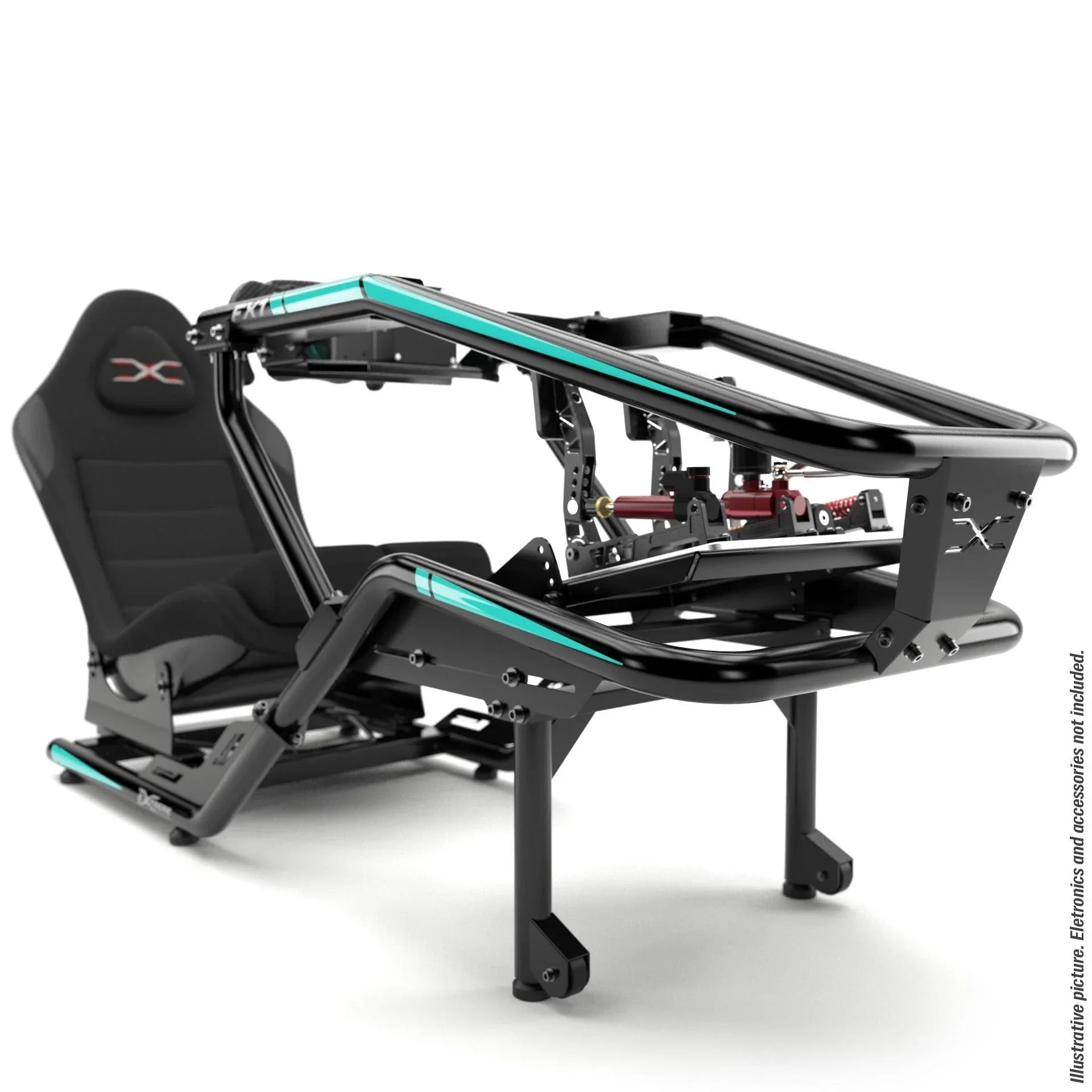 FX1 Formula sim racing cockpit in black with aqua details, front view