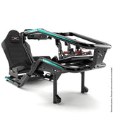 FX1 Formula sim racing cockpit in black with aqua details, front view