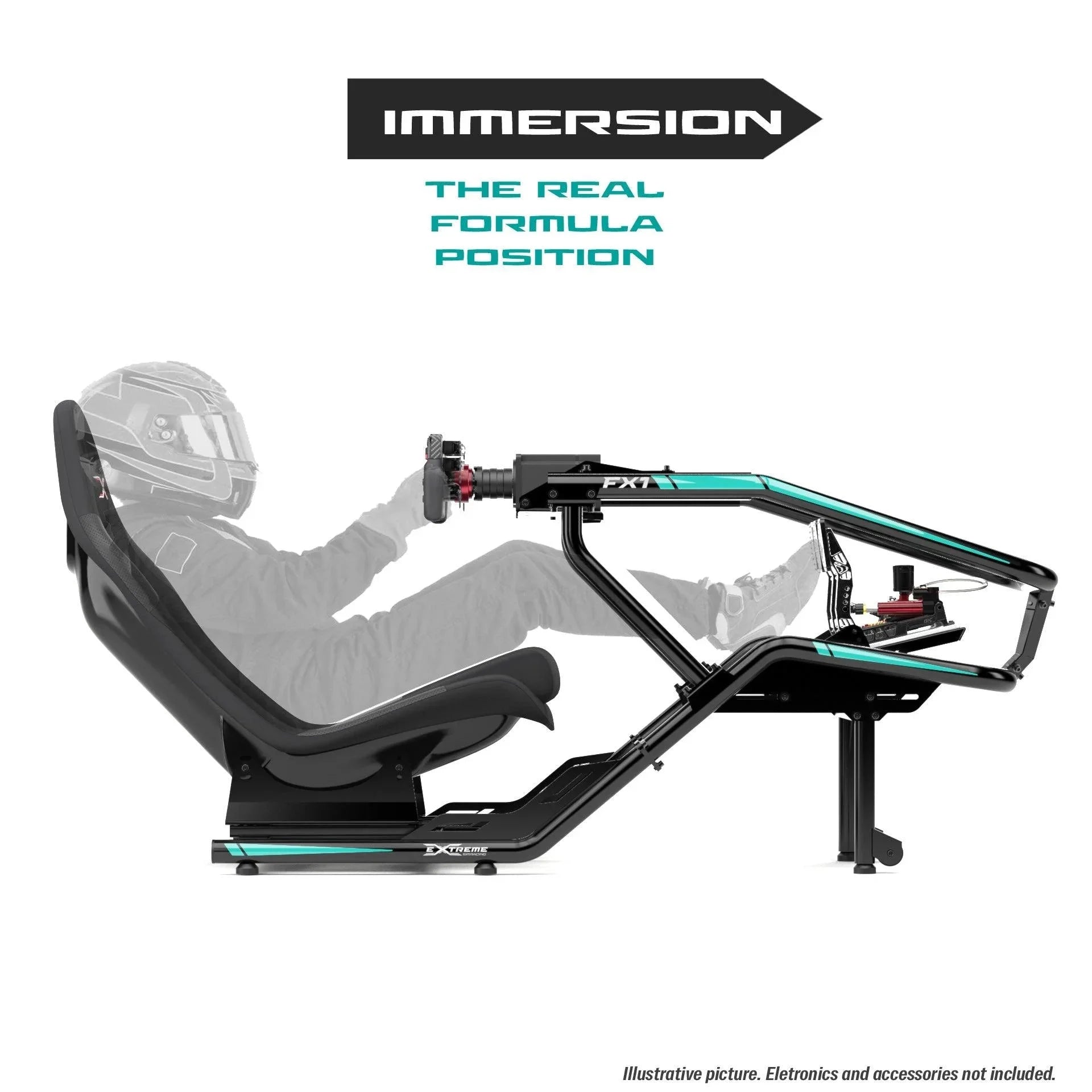 FX1 cockpit low and reclined Formula-style driving position