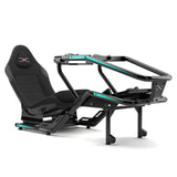 FX1 Formula sim racing cockpit in black with aqua details, front side view