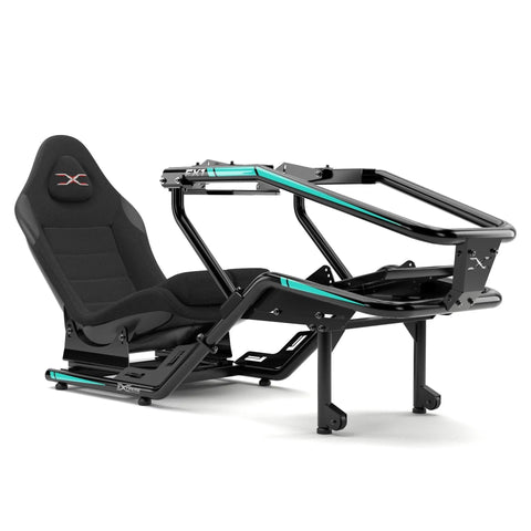FX1 Formula sim racing cockpit in black with aqua details, front side view