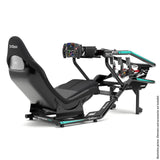 FX1 Formula cockpit in black and aqua with wheel base and pedal setup