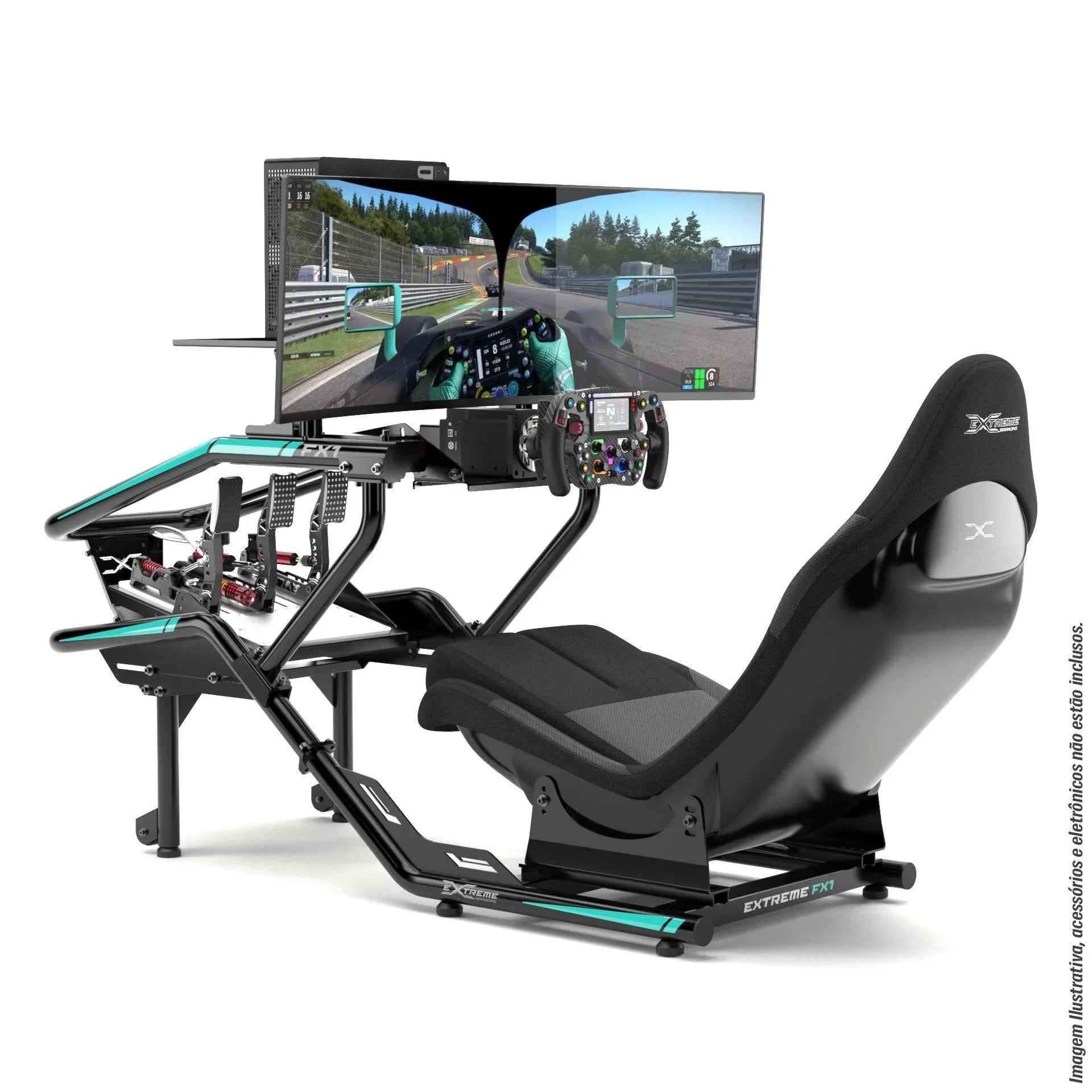 FX1 Formula cockpit in black and aqua with triple monitor sim racing setup