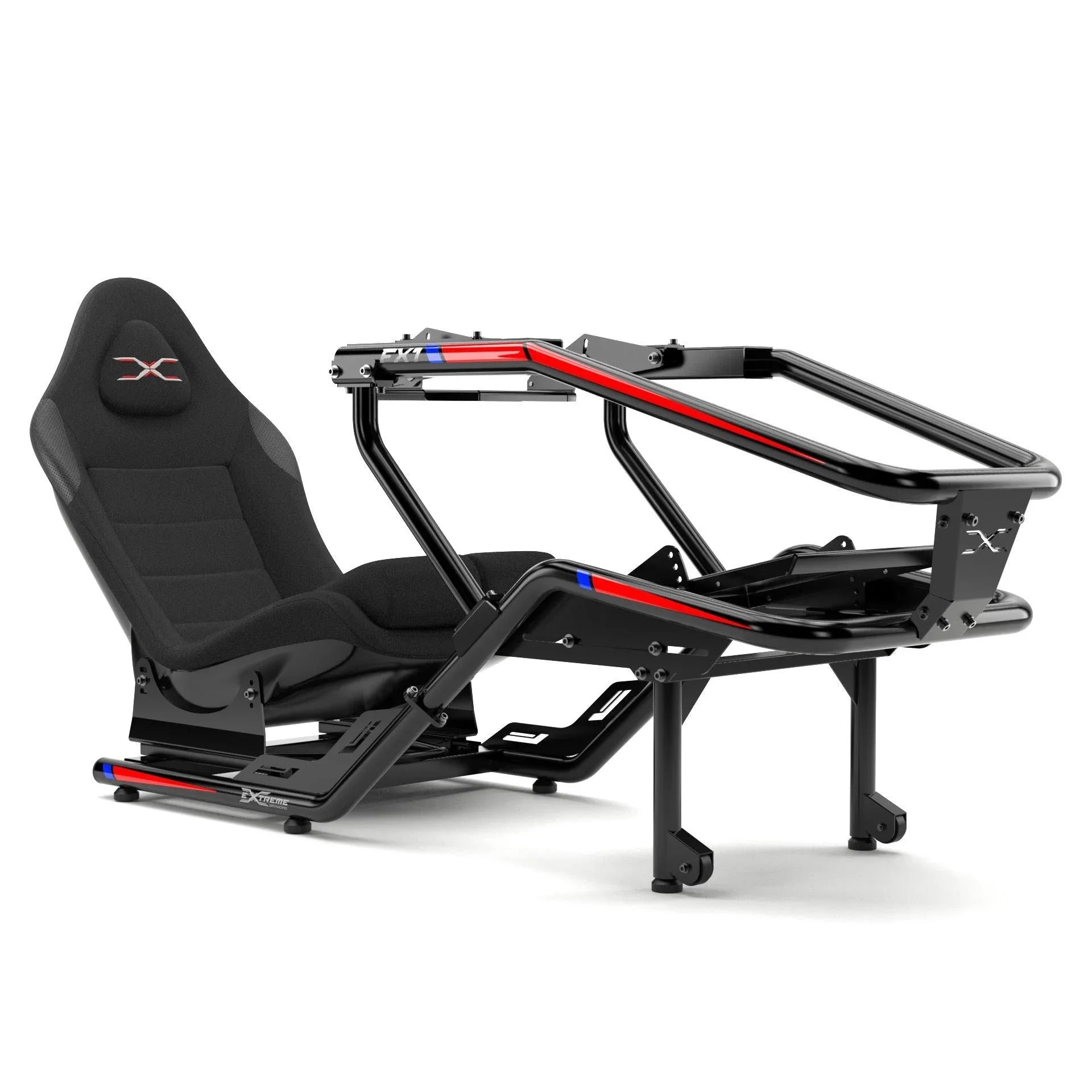 FX1 Formula cockpit in black and red with wheel base and pedal setup