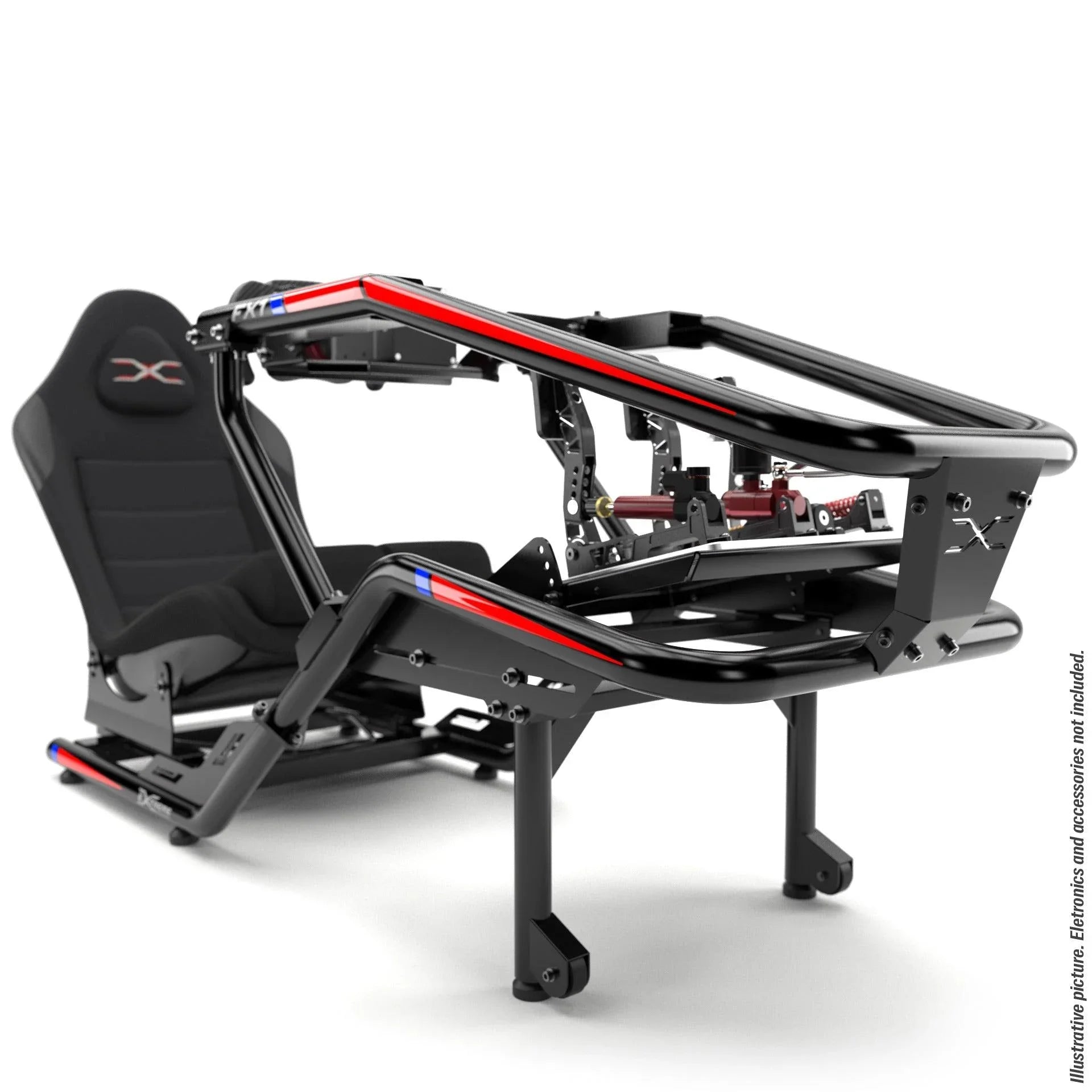 FX1 Formula sim racing cockpit in white with red details, front view