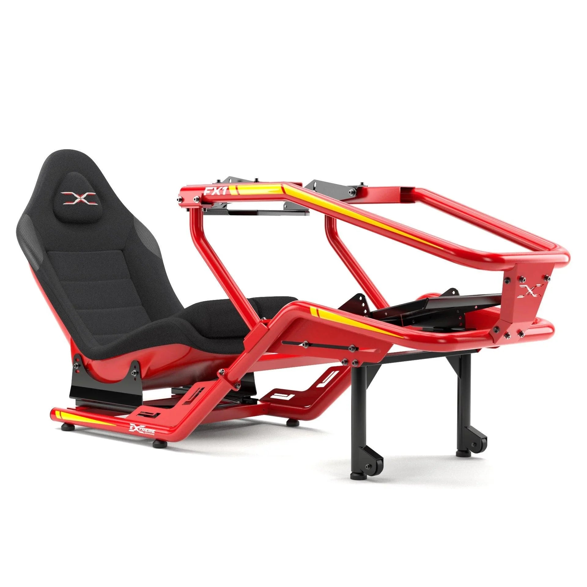 FX1 Formula sim racing cockpit in black with red details, front side view