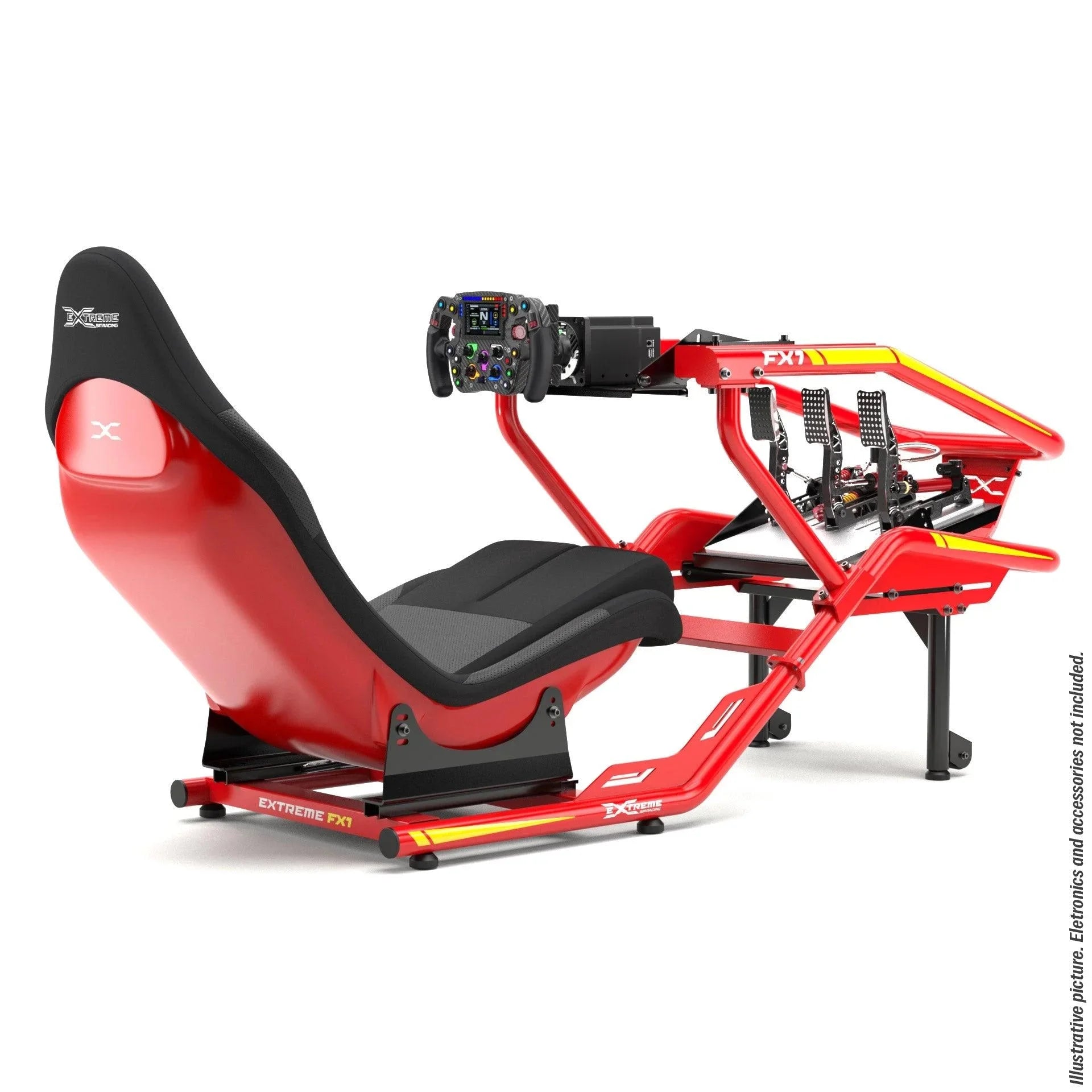 FX1 Formula sim racing cockpit in red with yellow details, front side view